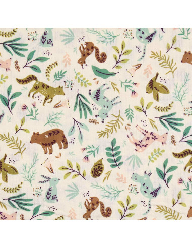 Tissu double gaze imprimé - Anifolk écru et vert