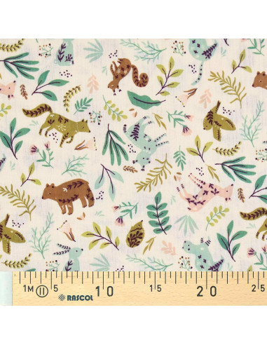 Tissu double gaze imprimé - Anifolk écru et vert