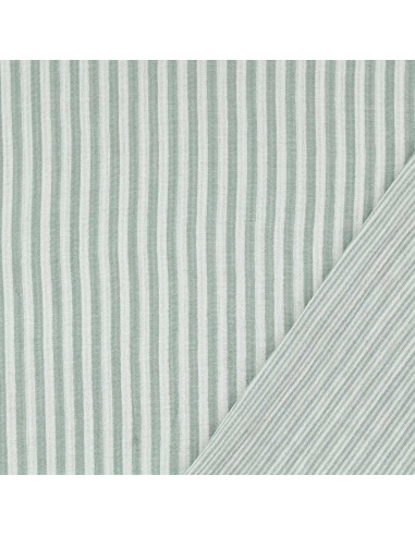 Tissu double gaze gaufrée rayures - Vert de gris et blanc cassé