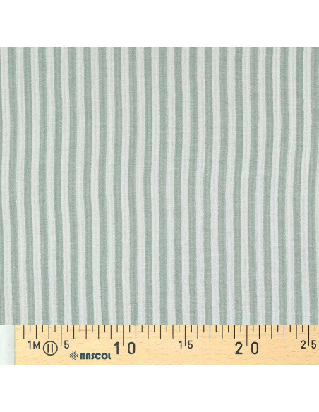 Tissu double gaze gaufrée rayures - Vert de gris et blanc cassé