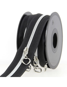 Rouleau de 5 mètres de fermeture nylon 5 mm avec tirettes coeurs - Noir et argent