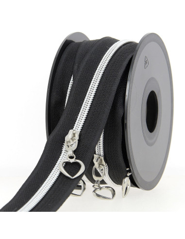 Rouleau de 5 mètres de fermeture nylon 5 mm avec tirettes coeurs - Noir et argent