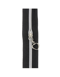 Rouleau de 5 mètres de fermeture nylon 5 mm avec tirettes coeurs - Noir et argent 2