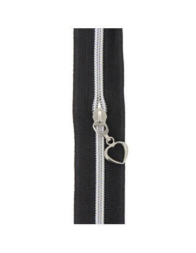 Rouleau de 5 mètres de fermeture nylon 5 mm avec tirettes coeurs - Noir et argent