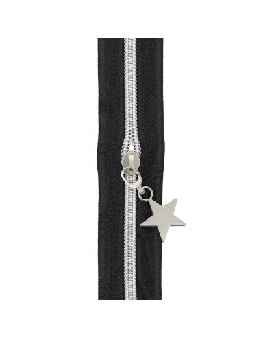 Rouleau de 5 mètres de fermeture nylon 5 mm avec tirettes étoiles - Noir et argent