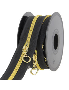 Rouleau de 5 mètres de fermeture nylon 5 mm avec tirettes coeurs - Noir et or