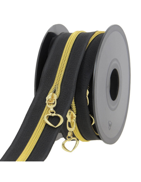 Rouleau de 5 mètres de fermeture nylon 5 mm avec tirettes coeurs - Noir et or