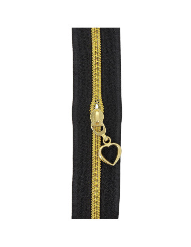 Rouleau de 5 mètres de fermeture nylon 5 mm avec tirettes coeurs - Noir et or