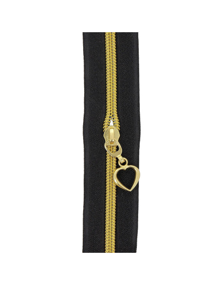 Rouleau de 5 mètres de fermeture nylon 5 mm avec tirettes coeurs - Noir et or