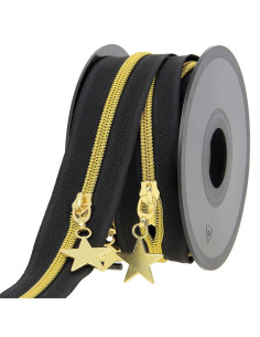 Rouleau de 5 mètres de fermeture nylon 5 mm avec tirettes étoiles - Noir et or