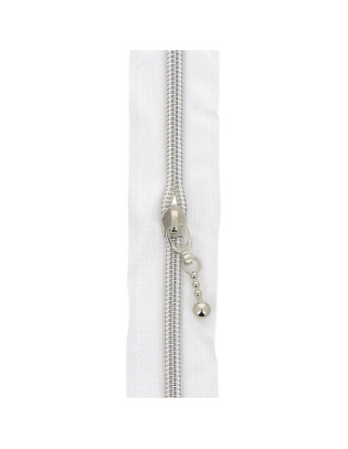 Rouleau de 5 mètres de fermeture nylon 5 mm avec tirettes rondes - Blanc et argent
