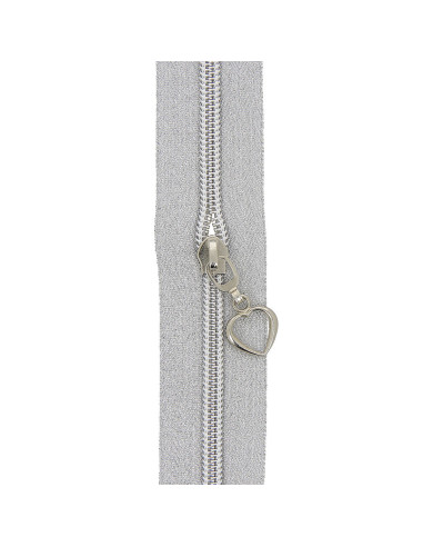 Rouleau de 5 mètres de fermeture nylon 5 mm avec tirettes coeurs - Argent lurex