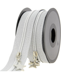 Rouleau de 5 mètres de fermeture nylon 5 mm avec tirettes étoiles - Argent lurex