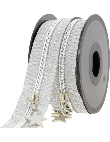 Rouleau de 5 mètres de fermeture nylon 5 mm avec tirettes étoiles - Argent lurex