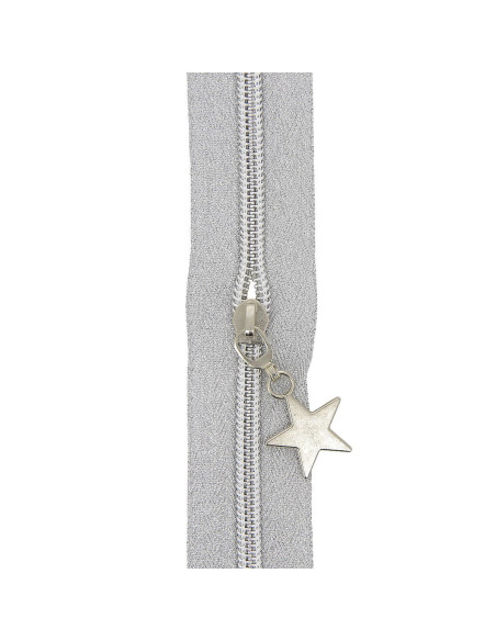 Rouleau de 5 mètres de fermeture nylon 5 mm avec tirettes étoiles - Argent lurex