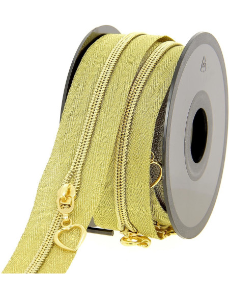Rouleau de 5 mètres de fermeture nylon 5 mm avec tirettes coeurs - Or lurex