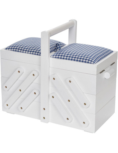 Travailleuse couture bois Blanc avec tissu vichy bleu M