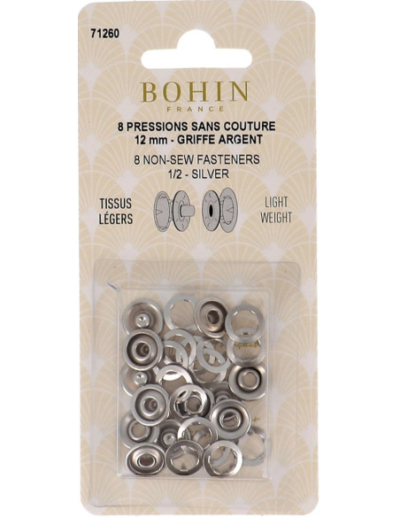Boite de 8 pressions sans couture jersey griffes en calotte 12 mm Bohin - Argent