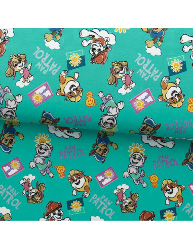 Tissu jersey Pat´ Patrouille - Soleil fond bleu turquoise