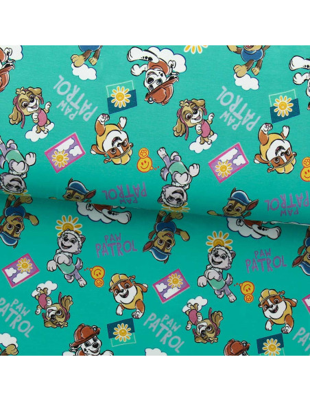 Tissu jersey Pat´ Patrouille - Soleil fond bleu turquoise