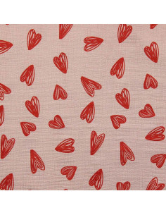 Tissu double gaze imprimé - Coeurs rouges fond beige 2