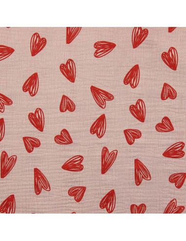 Tissu double gaze imprimé - Coeurs rouges fond beige