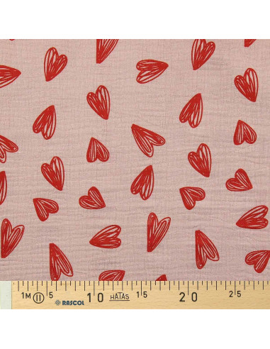 Tissu double gaze imprimé - Coeurs rouges fond beige