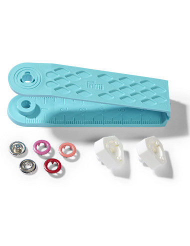 Boite de 21 boutons pression jersey rouge, corail et fuchsia avec outil 8 mm