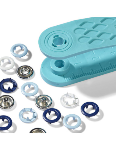 Boite de 21 boutons pression jersey blanc, ciel et marine avec outil 8 mm