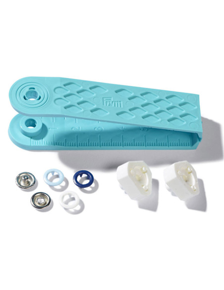 Boite de 21 boutons pression jersey blanc, ciel et marine avec outil 8 mm