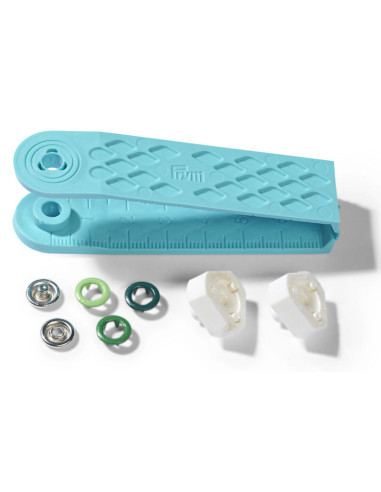 Boite de 21 boutons pression jersey assortiments de verts avec outil 8 mm