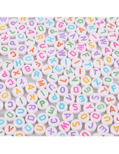 Sachet de 100 perles rondes blanches - Lettres multicolore