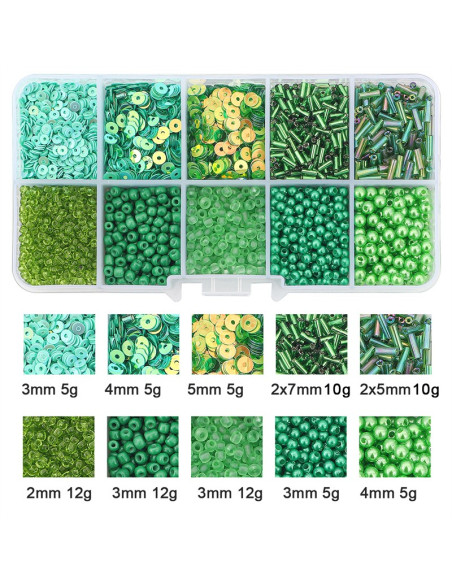 Coffret 80 grs perles de rocaille et sequins - Vert foncé