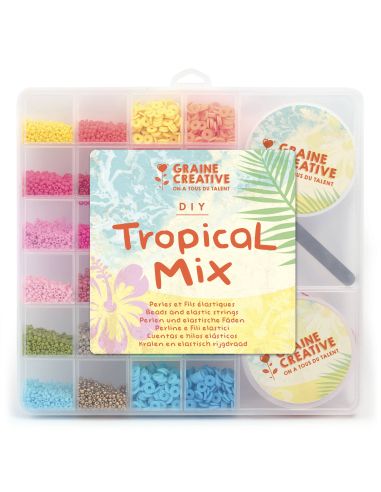 Coffret de perles de rocailles, Heishi, cordon élastique et pince - Tropical Mix