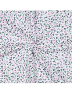 Tissu popeline de coton - Fleurs rose fond blanc