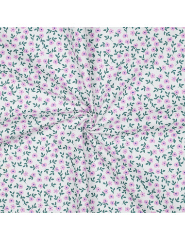 Tissu popeline de coton - Fleurs rose fond blanc