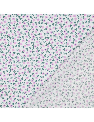 Tissu popeline de coton - Fleurs rose fond blanc
