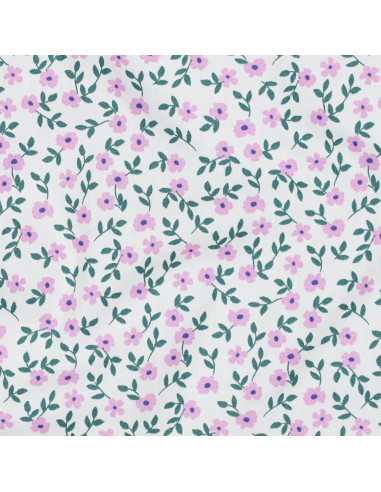 Tissu popeline de coton - Fleurs rose fond blanc