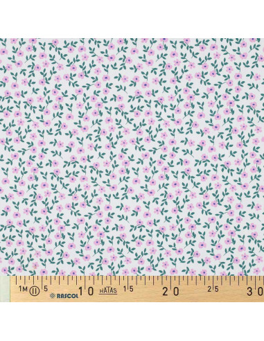 Tissu popeline de coton - Fleurs rose fond blanc