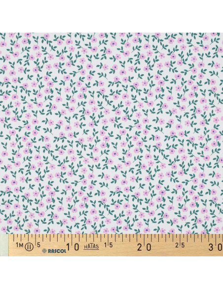 Tissu popeline de coton - Fleurs rose fond blanc