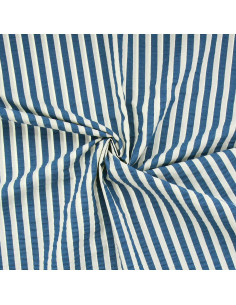 Tissu Seersucker à rayures larges - Bleu jeans et blanc cassé