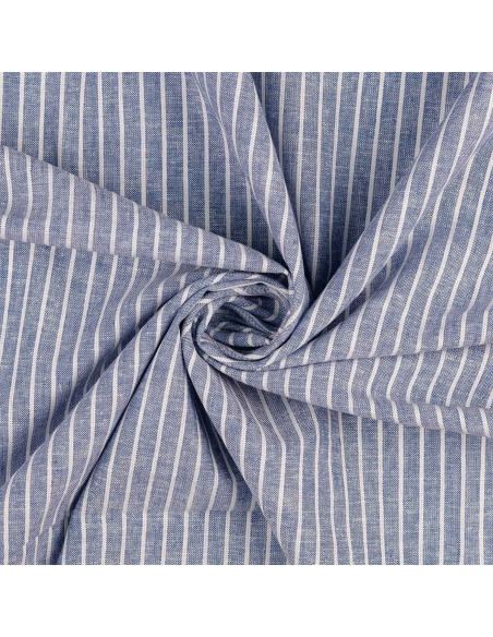 Tissu lin coton - Rayures fines - Bleu jeans