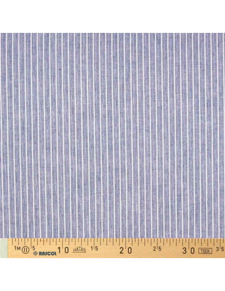 Tissu lin coton - Rayures fines - Bleu jeans