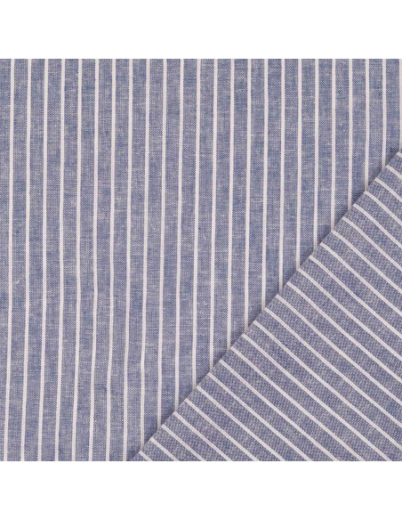 Tissu lin coton - Rayures fines - Bleu jeans