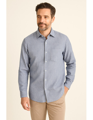 Tissu lin coton - Rayures fines - Bleu jeans