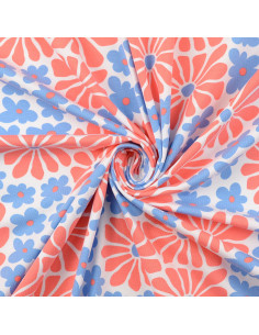 Tissu jersey fantaisie - Fleurs sixties rouges et bleues