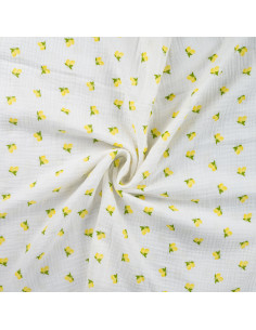 Tissu double gaze de coton - Citrons fond blanc