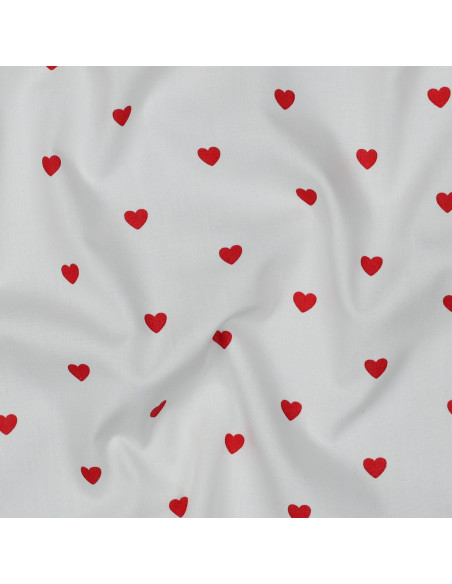 Tissu popeline de coton fantaisie - Coeur rouge sur fond blanc
