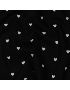 Tissu popeline de coton fantaisie - Coeur blanc sur fond noir
