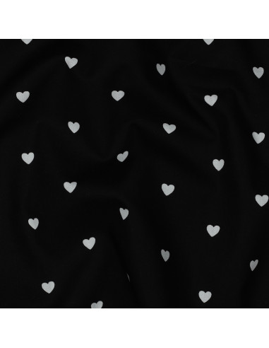 Tissu popeline de coton fantaisie - Coeur blanc sur fond noir